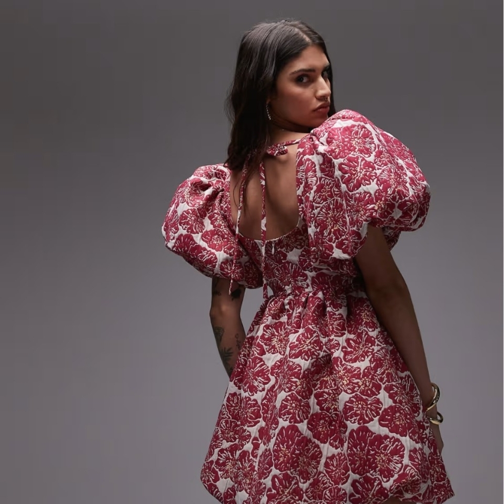 & Other Stories brocade mini dress with statement puff sleeves and deep back